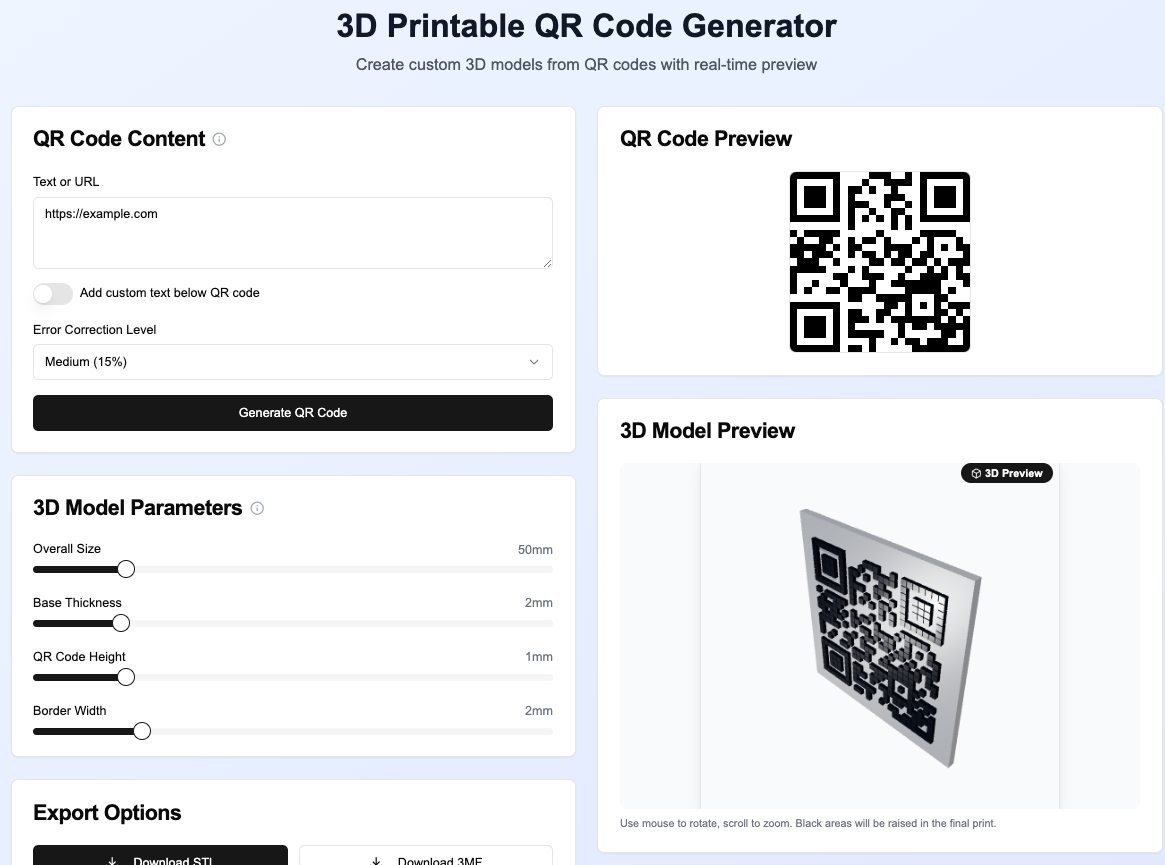 Screenshot of 3D Printable QR Code Generator - A tool that generates 3D printable QR codes for easy sharing of digital content....
